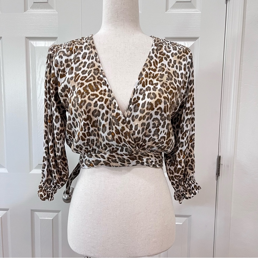 Faithfull The Brand Lena Leopard Print Wrap Tie Crop Top Sz XS